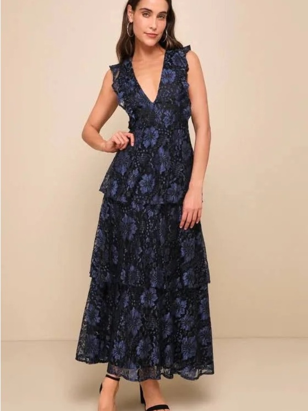 Lulu's Navy and Black Floral Lace Tiered Maxi Dress
